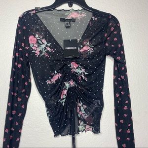 NWT FOREVER 21 LONG SLEEVE MESH SEE THROUGH FLORAL DOTS LETTUCE HEM TOP